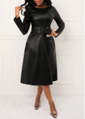 Faux Leather Belted Black Boat Neck Dress