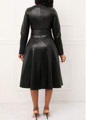 Faux Leather Belted Black Boat Neck Dress
