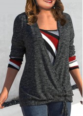 Plus Size Geometric Print Drawstring Dark Grey T Shirt