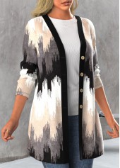 Geometric Print Button Black Long Sleeve Coat