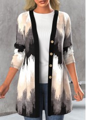 Geometric Print Button Black Long Sleeve Coat