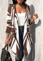 Geometric Print Patchwork Dark Coffee Hooded Cardigan