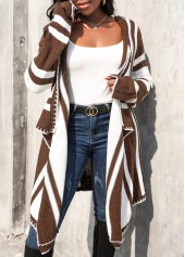 Geometric Print Patchwork Dark Coffee Hooded Cardigan
