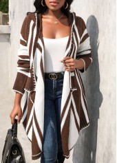 Geometric Print Patchwork Dark Coffee Hooded Cardigan
