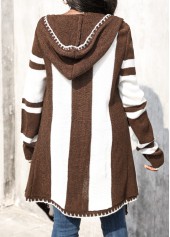 Geometric Print Patchwork Dark Coffee Hooded Cardigan
