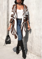 Geometric Print Patchwork Dark Coffee Hooded Cardigan