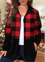 Tartan Print Pocket Black Long Sleeve Coat
