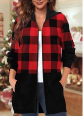 Tartan Print Pocket Black Long Sleeve Coat