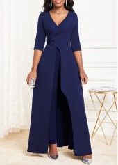 Asymmetric Hem V Neck Navy Jumpsuit
