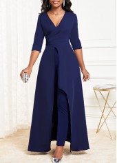 Asymmetric Hem V Neck Navy Jumpsuit