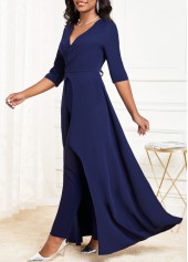 Asymmetric Hem V Neck Navy Jumpsuit