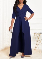 Asymmetric Hem V Neck Navy Jumpsuit