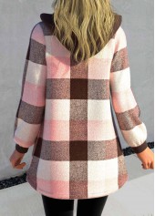 Plus Size Tartan Print Zipper Pink Hooded Long Sleeve Jacket