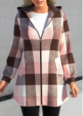 Plus Size Tartan Print Zipper Pink Hooded Long Sleeve Jacket