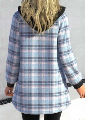Plus Size Plaid Zipper Light Blue Hooded Long Sleeve Jacket