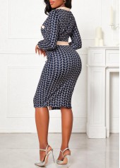 Long Sleeve Button Navy V Neck Bodycon Dress