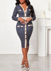 Long Sleeve Button Navy V Neck Bodycon Dress