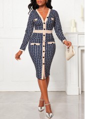 Long Sleeve Button Navy V Neck Bodycon Dress