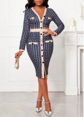 Long Sleeve Button Navy V Neck Bodycon Dress