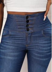 Dark Blue Skinny Button High Waisted Jeans