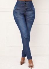 Dark Blue Skinny Button High Waisted Jeans