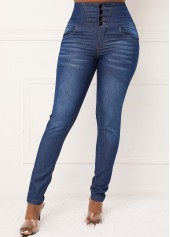 Dark Blue Skinny Button High Waisted Jeans