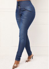 Dark Blue Skinny Button High Waisted Jeans