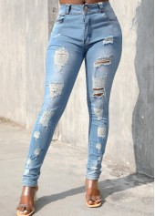 Skinny Hole Light Blue Zipper Fly Jeans