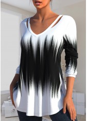Ombre Cut Out Black V Neck T Shirt