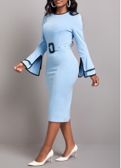 Contrast Binding Belted Light Blue Bodycon Dress