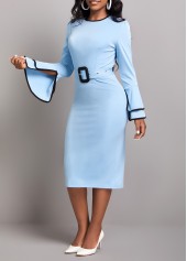 Contrast Binding Belted Light Blue Bodycon Dress
