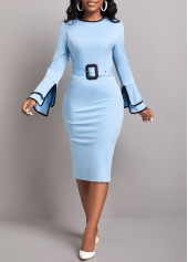 Contrast Binding Belted Light Blue Bodycon Dress