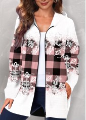 Plaid Pocket Pink Hooded Long Sleeve Coat