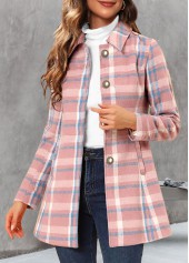 Plaid Pocket Pink Shirt Collar Long Sleeve Coat