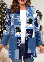 Plus Size Christmas Snowman Print Long Sleeve Blue Pocket Coat