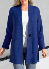 Plus Size Dark Blue Long Sleeve Pocket Coat