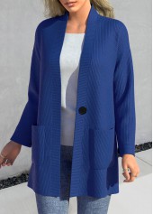Plus Size Dark Blue Long Sleeve Pocket Coat