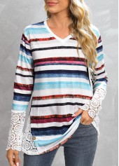 Multi Stripe Print Lace V Neck T Shirt