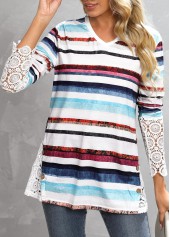 Multi Stripe Print Lace V Neck T Shirt