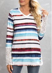 Multi Stripe Print Lace V Neck T Shirt