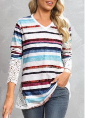 Multi Stripe Print Lace V Neck T Shirt