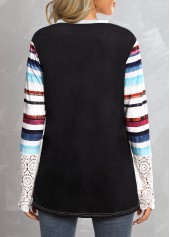 Multi Stripe Print Lace V Neck T Shirt