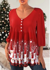 Plus Size Red Christmas Santa Claus Print Button Blouse