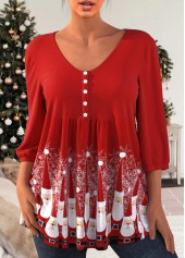 Plus Size Red Christmas Santa Claus Print Button Blouse