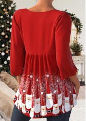 Plus Size Red Christmas Santa Claus Print Button Blouse