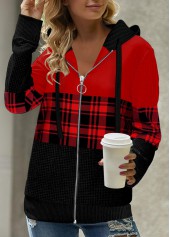 Plaid Patchwork Red Long Sleeve Hoodie