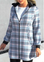 Plus Size Plaid Zipper Light Blue Hooded Long Sleeve Jacket