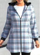 Plus Size Plaid Zipper Light Blue Hooded Long Sleeve Jacket