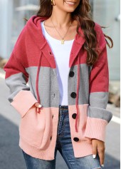 Plus Size Pink Drawstring Button Up Hooded Collar Cardigan