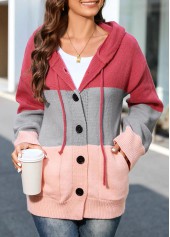 Plus Size Pink Drawstring Button Up Hooded Collar Cardigan